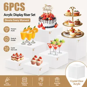 6-Pack White Acrylic Buffet Riser Set - Nesting Cube Boxes with Hollow Bottoms, Food & Dessert Display Stands, Includes Mini Signs & Marker - for Party, Catering Showcase summervibes
