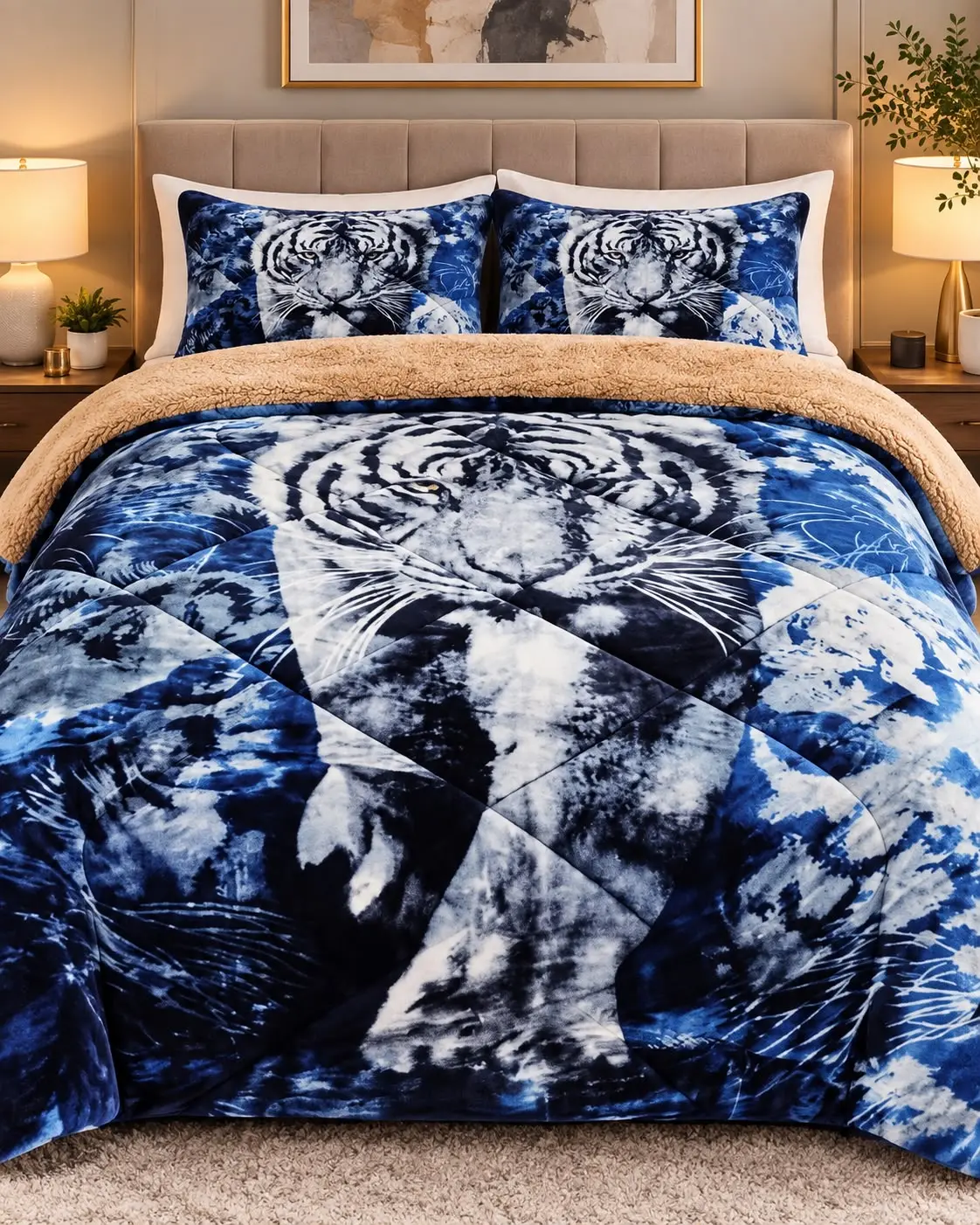 3pc sherpa Blanket set- white tiger CALI KING FITS KING