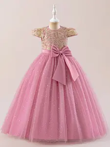Girl's Glitter Sequins Bow Decor Tulle Dress, Elegant Round Neck Dress for Party Performance Wedding Guest, Kids Clothes for All Seasons, Flowy Dresses, Sparkly Glitter Dresses