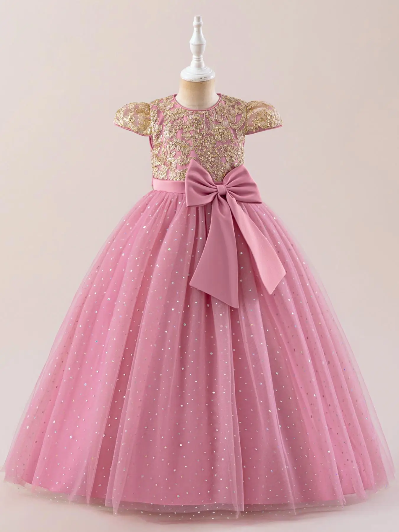 Girl's Glitter Sequins Bow Decor Tulle Dress, Elegant Round Neck Dress for Party Performance Wedding Guest, Kids Clothes for All Seasons