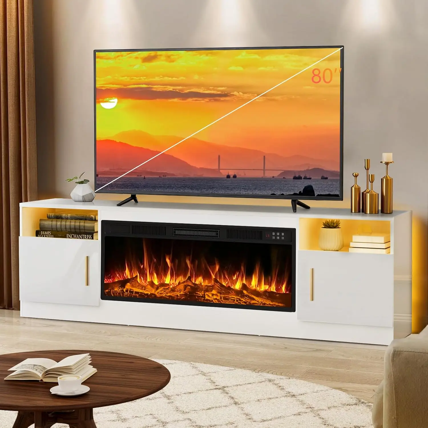 【2 Packages Shipping】PUKAMI Fireplace tv Stand with 36 inch Fireplace Up to 80" TVs,LED Light Entertainment Center and Storage, 70" Modern Wood Media TV Console with Highlight Cabinet for Living Room,dorm essentials,home decor