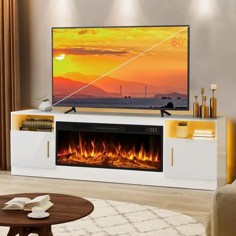 【2 Packages Shipping】PUKAMI Fireplace tv Stand with 36 inch Fireplace Up to 80" TVs,LED Light Entertainment Center and Storage, 70" Modern Wood Media TV Console with Highlight Cabinet for Living Room