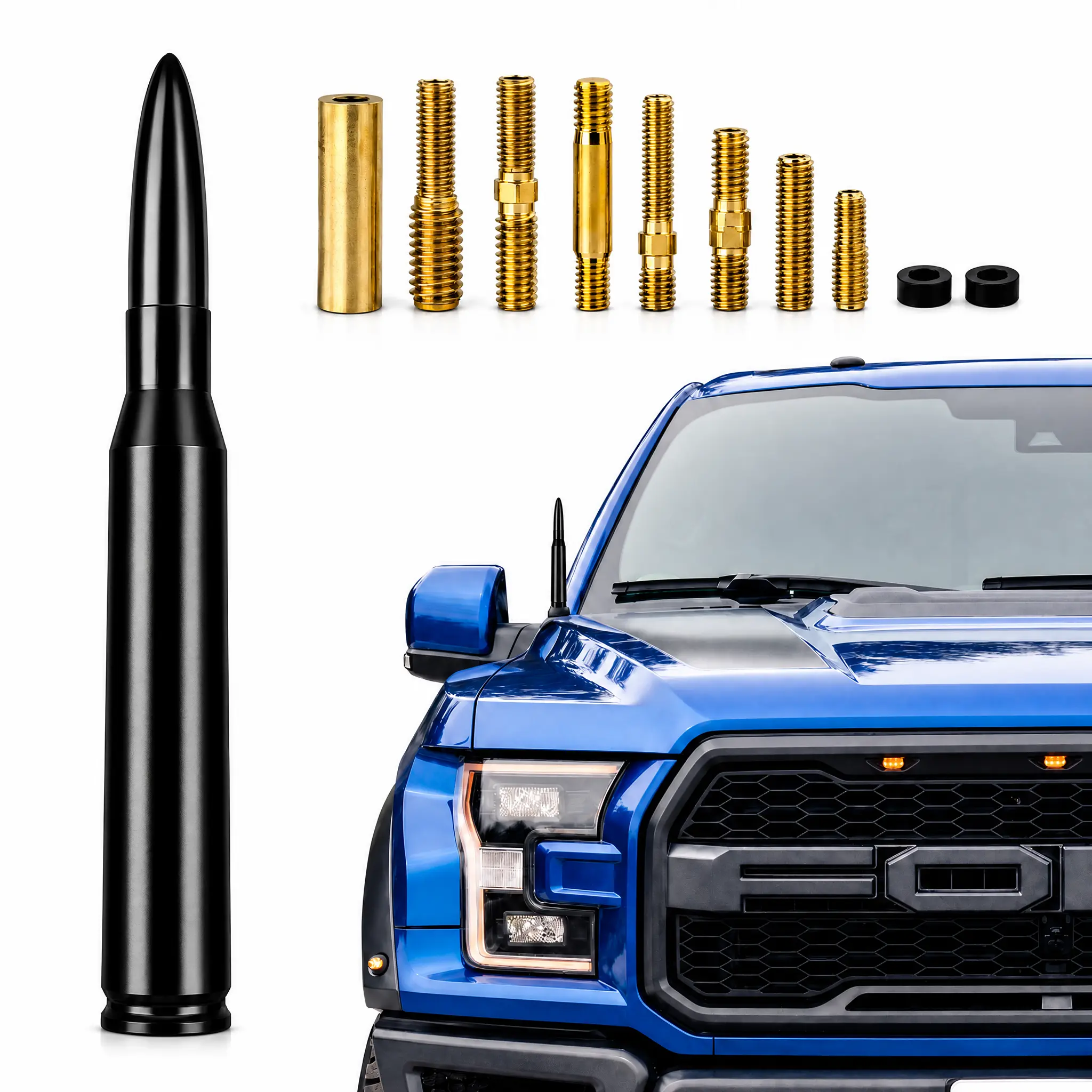 SHORT Car Antenna Replacement, 6061 Aluminum Alloy Antenna with 10 Adapters, Compatible with Select Chevrolet, Dodge, Jeep, Ford, Toyota, GMC, and Nissan Vehicles
