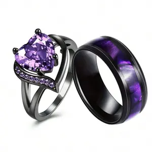 Wedding Jewelry, Women’s Purple Heart Stone Engagement Ring – Stainless Steel Trendy Couple Band, Multi-Element Romantic Daily Wear, Party, Birthday Gift, Valentine, Christmas, Mother's Day