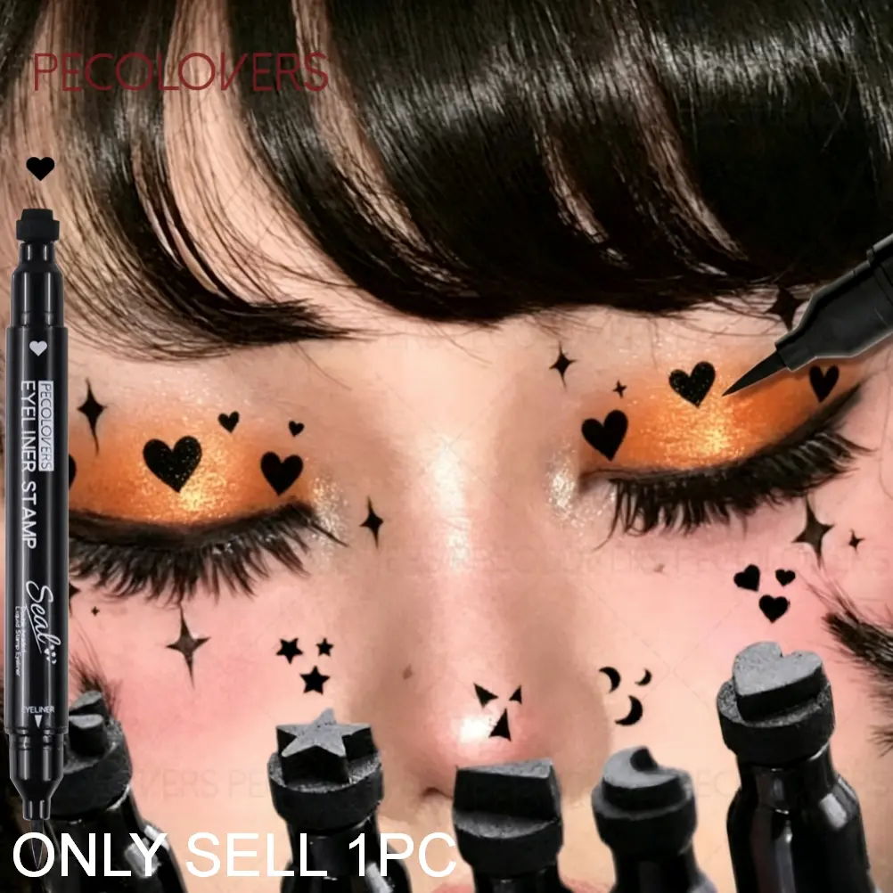 1PC Double-ended Liquid Eyeliner Pen with Stamp - Graphic Eyeliner - Waterproof, Long Lasting, and Durable - Includes Heart, Moon, Butterfly, and Star Shape Stamps, Quick-drying, Smooth Application, Creates A Unique Eye Look