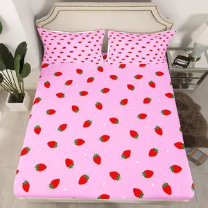 Strawberry Fitted Sheet Bedding, Girls Women Kids Room Decor, Pink Strawberry Print, Soft Microfiber Stripe, Queen Size