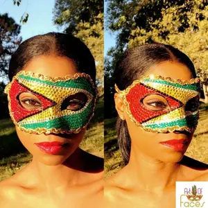 Guyana Masquerade Mask with Rhinestones and Crystals, Green, Yellow, Black, and Red - Accessories