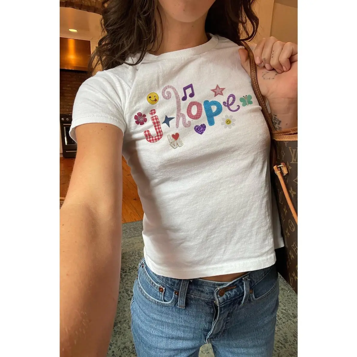 j-hope Patchwork Lettering Baby Tee,  ARIRANG Tour Concert Merch, Kpop ARMY Fan Outfit