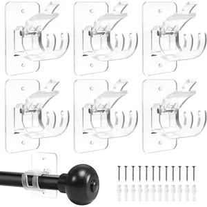 No-Drill Curtain Rod Adhesive Brackets Adjustable Holder Nail Free 20 Pounds Curtain Rod Hanger 6PCS Transparent