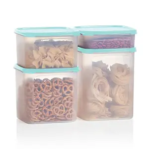 Tupperware Modular Mates 4 pc Square Set Stackable Airtight Food Storage Containers with pink seals for Organized Pantry Dry Goods Snacks Cereal Pasta