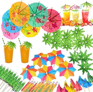 100 Pcs Cocktail Picks Drink Umbrellas Coconut Palm Cocktail Umbrellas Drink Stirrers Hawaiian Party Decorations Cocktail Accessories, Fruit Plate and Birthday Party,3 Styles