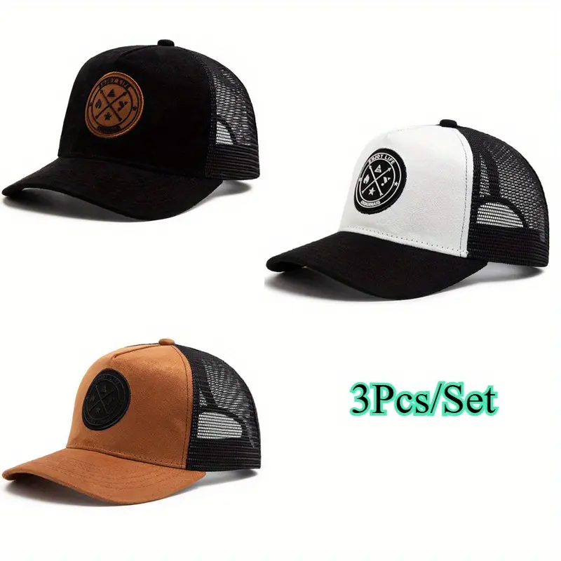 Unisex 3-Piece Mesh Trucker Baseball Cap Set, Hats for Women Included, Lightweight Polyester, Truck Logo, Portable, Ideal for Daily Use, Sports, Christmas Headwear (Black, White, Brown)
