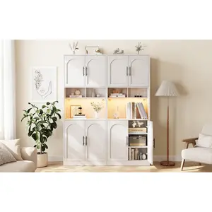 71-Inch Tall Modern Sideboard Pantry Cabinet with Countertop, LED Light Strip, Microwave Shelf, Adjustable Shelves for Home Kitchen, Dining Room Storage
