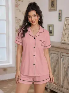Cute Heart Embroidery Pajama Set, Women's Short Sleeve Sleepwear, Soft and Comfortable Two-Piece Home, Cozy Nightwear for Ladies