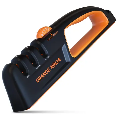 Orange Ninja Adjustable Angle Knife Sharpening System, 3 Stage Kitchen Knife Sharpener with 5 Angles 12° 15° 18° 21° 24°, Manual Pull Through Knife Sharpener for Chef, Japanese, Pocket and Hunting Knives