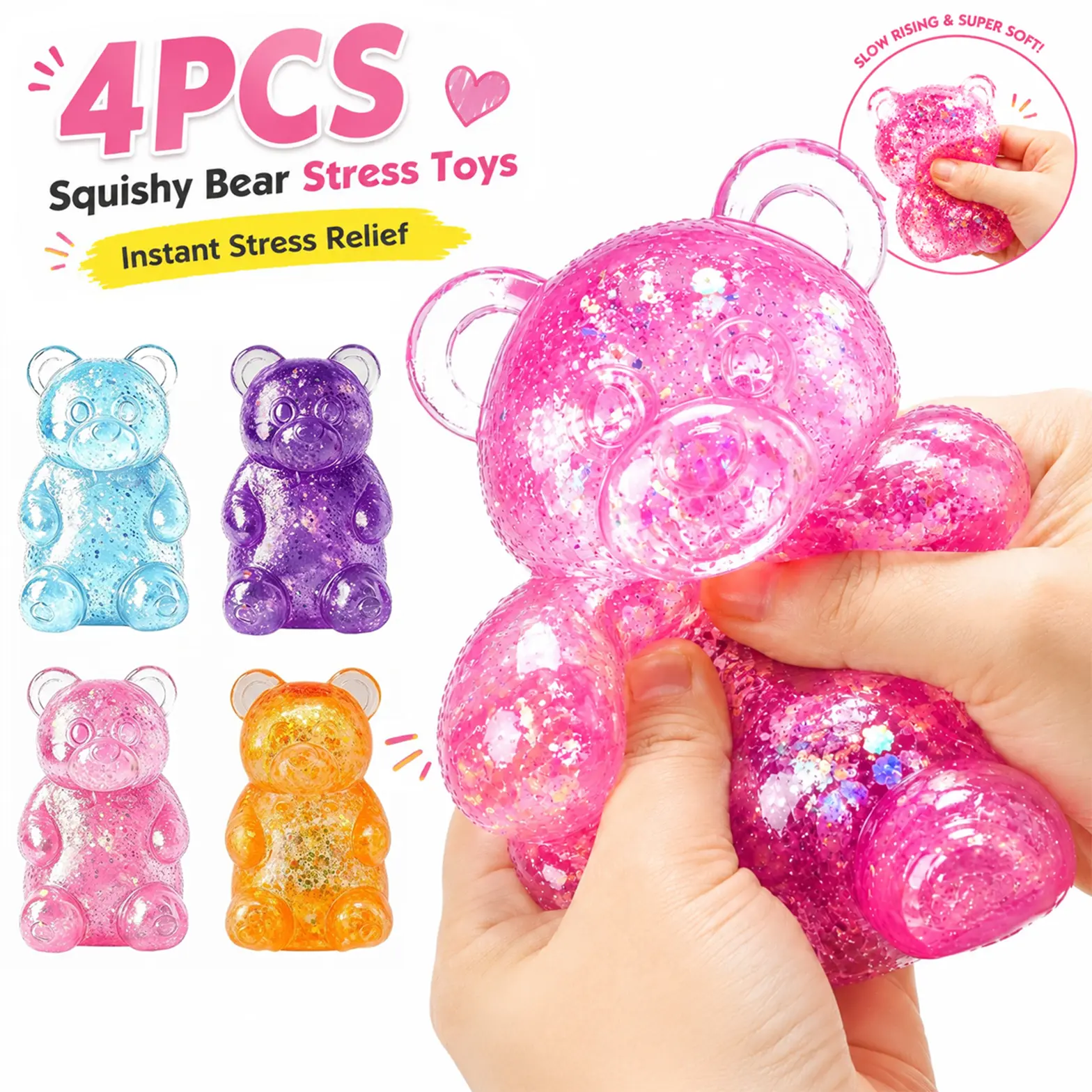 4-Pieces Glitter Gummy Bear Squishy with Slow Rising Sensory Squishy Toys, Stress Bear Squishy, Squishy Toys for Kids, Stress Balls Valentines Day Gifts Birthday Gifts Party Favors