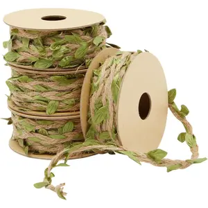 Burlap Leaf Ribbon - Jungle, Safari & Fairy Party, Enchanted Forest Decor, Vines for Crafts (4 Rolls, 65.6 Ft Total)