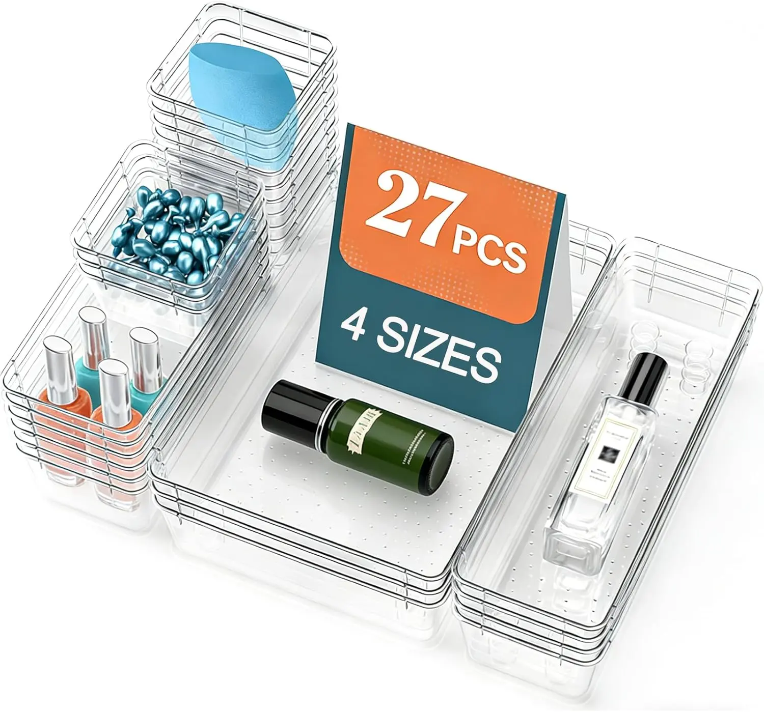 27 PCS Clear Plastic Drawer Organizer Set: 4 Sizes Desk Drawer Dividers & Storage Bins for Makeup Jewelry Gadgets Kitchen Bedroom Bathroom Office Organization Home Bathroom Decor Makeup Organizer with Divided Compartments Adjustable Transparent Boxes