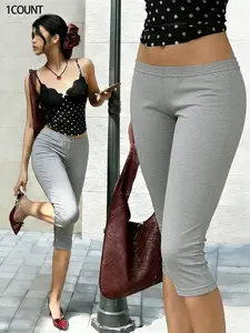 Women's Split Hem Pants, Slim Fit Basic Casual Home Wear, Street Style Travel and Leisure, Fitted Capri Cropped Length, All Seasons, Womenswear