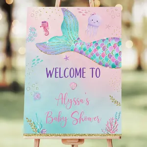 Editable Mermaid Baby Shower Welcome Sign Under The Sea Baby Shower Girl Baby Shower Pink Purple Gold Printable 