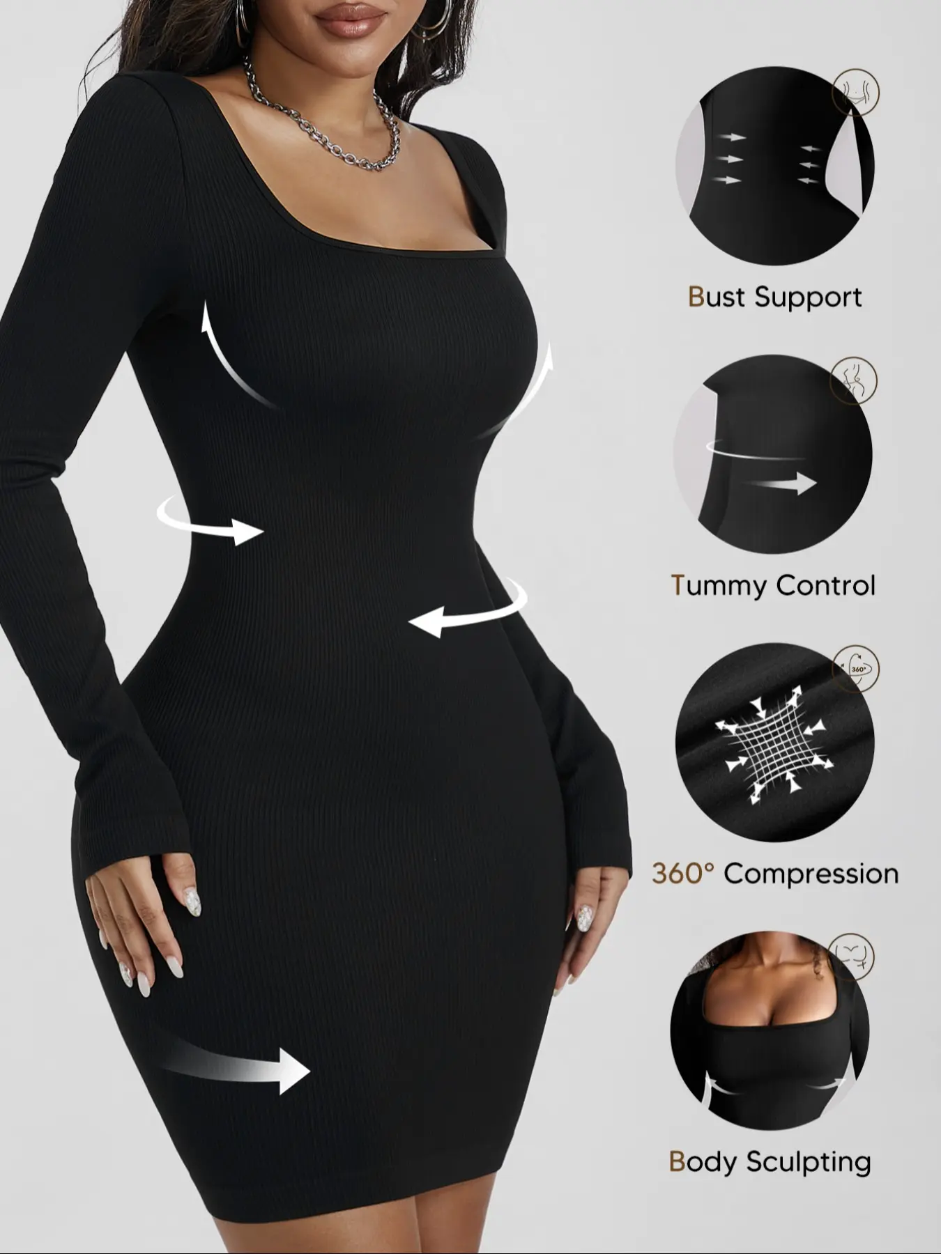 Seamless Body Shaping Dress for Women, Womenswear, Lady, Long Sleeve, Tummy Control & Bust Support, 360° Compression Sculpting Dress, Comfortable Casual Everyday Wear, Fit