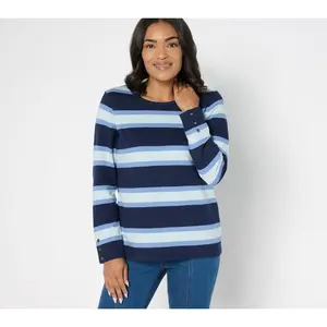 Denim & Co. Active Textured Cotton Striped Top w/ Snap Detail