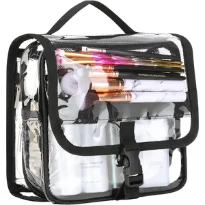 Clear Toiletry Bag with TSA Liquids Travel Bag, Hanging Travel Transparent Makeup Cosmetic Organizer, Waterproof Carry On Airline 3-1-1 Compliant Bag Quart Sized Luggage Pouch (Black-Clear)