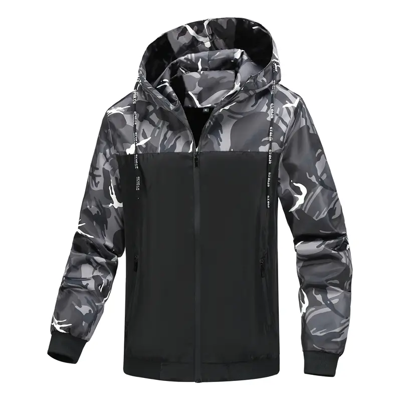 Hooded Windbreaker Jacket for Men, Spliced Camouflage Colorblock Zip Up Coat Light Outdoor Casual Street Jacket