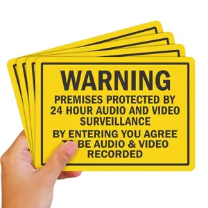 (Pack of 4) 5 x7 inch “Warning - Premises Protected by 24 Hour Audio and Video Surveillance” Sticker Labels, 5 mil Laminated Polyester with SuperStick Adhesive, Black and Yellow