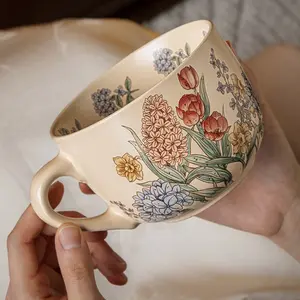 Vintage Floral Matte Ceramic Breakfast Cup, 775ML Large Capacity Home Mug, Creamy Countryside Style Drinking Coffee Cup, 1pc, Drinkware