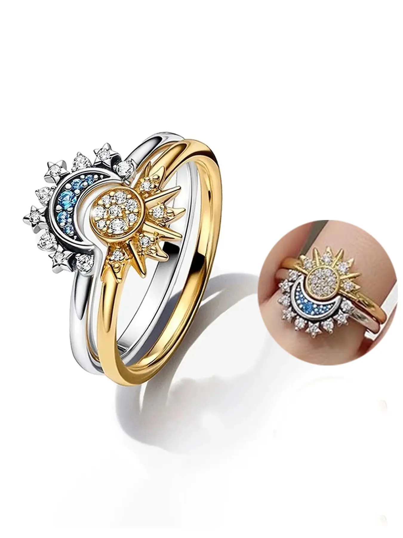 Crisp Starry Blue Moon Ring and Gold Sun Ring Set, Elegant Fashion Rings Stainless Steel Jewelry, Perfect Gift for Her, Love, Mother, Friend, Beautiful Rings