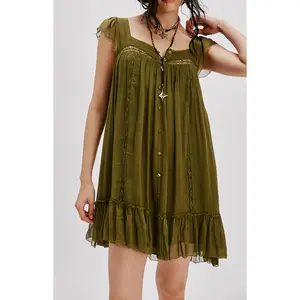 Women Lace Trim Mini Dress Ruffle Flowy Babydoll Dress Spaghetti Strap Loose Sundress Boho Going Out Dresses