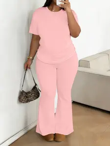 Women's Casual Loose-Fitting Short Sleeve Set, Plain High-Waisted Flared Pants & Top, Spring Fall Fashion, Plus Size Comfortable Wear
