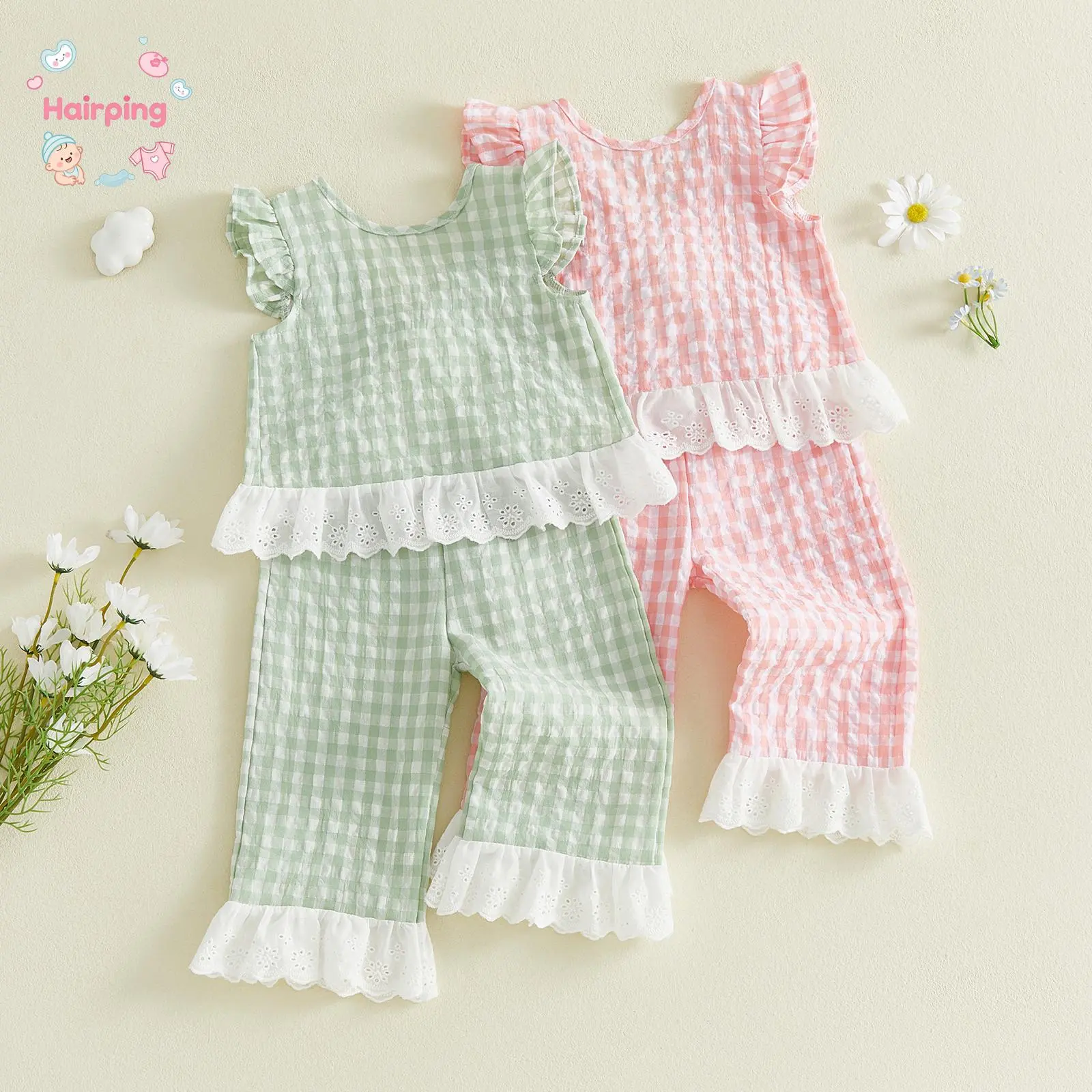 Baby Girls Gingham 2 Piece Set, Green/Pink Ruffle Sleeve Smocked Top & Lace Trim Pants, Casual Summer Outfit for Toddler, Soft Cotton Blend for Play & Photoshoots