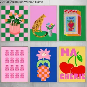 Trendy Retro Wall Art Set (6 Pieces), Colorful Postmodern Decor, Checkered Flowers, Cheetah, Cherry, Candy Bear Poster