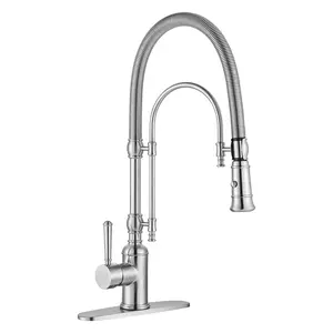 WOWOW Single Handle Deck Mount Gooseneck Pull Down Sprayer Kitchen Faucet in Brushed Nickel