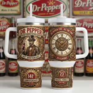 Dr Pepper 141st Anniversary Steampunk Tumbler With Handle Straw 40oz, Vintage Gear Clock Graphic Insulated Travel Mug, 23 Flavors Original Formula Est 1885 Collectible Soda Merchandise Gift For Men Women, Retro Travel Cup