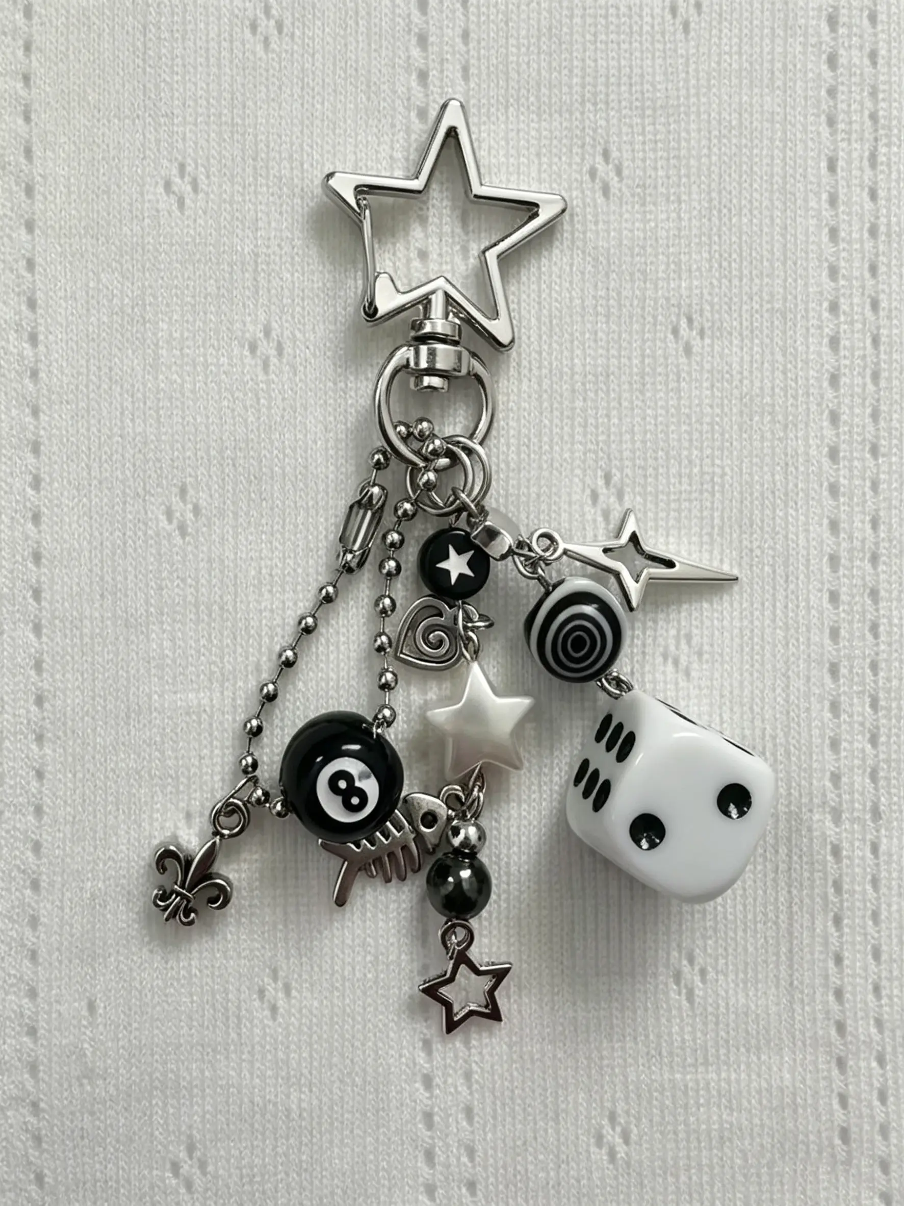 Handmade Rockstar GF Edgy & Dice Keychains, Grunge Beaded Jewelry, Bag Pendant, Emo Y2K Style, Unique Accessories