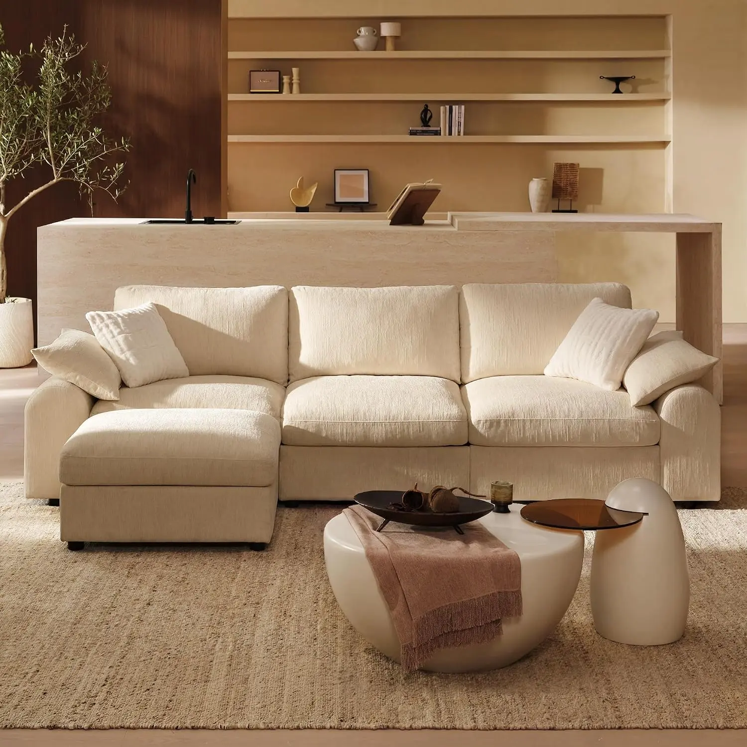 3-Seater Customizable L-Shaped Modular Sectional Couch - 114.1in Indoor Sofa with Storage Ottoman, Removable OEKO-TEX Chenille Cover, Down-Filled Cushions, Tool-Free Assembly, Beige
