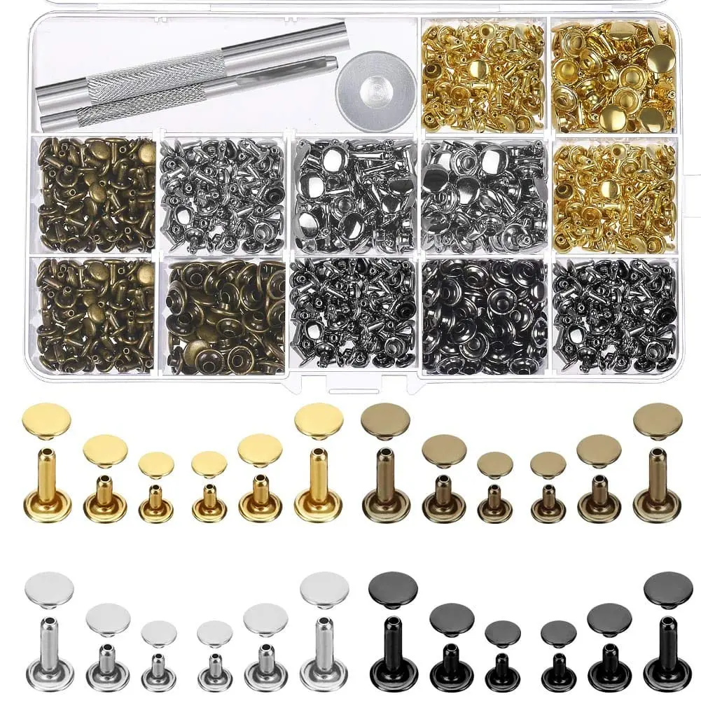 480 Sets 4 Colors 3 Sizes Leather Rivets Double Cap Rivet Tubular Metal Studs with Pieces Setting Tool Kit for Craft Repairs Decoration