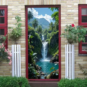 2pcs Tropical Rainforest Waterfall Wall Stickers Natural Scenery Decorative Decals for Living Room Bedroom Self Adhesive Removable Eco Friendly Material Palm Tree Mountain Landscape Home Wall Art Decor
