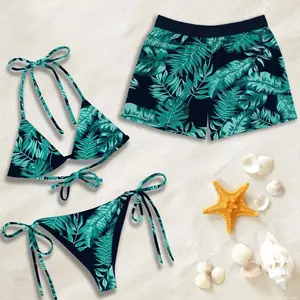 Matching Couples Swimwear Set, Teal Tropical Leaf Print Bikini and Shorts 4JO