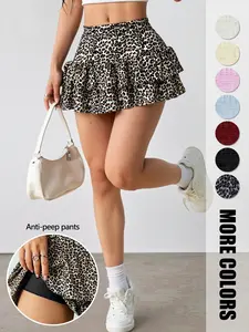 Women's Pleated Ruffled Mini Skirt, Pleated Sports Skirt, Fashion Sports Skirt, Athletic Skorts, with Lace High Waist Attached Leggings Double-Layer Flared Design Comfortable Fabric Suitable for Outdoor Leisure Activities Daily Wear