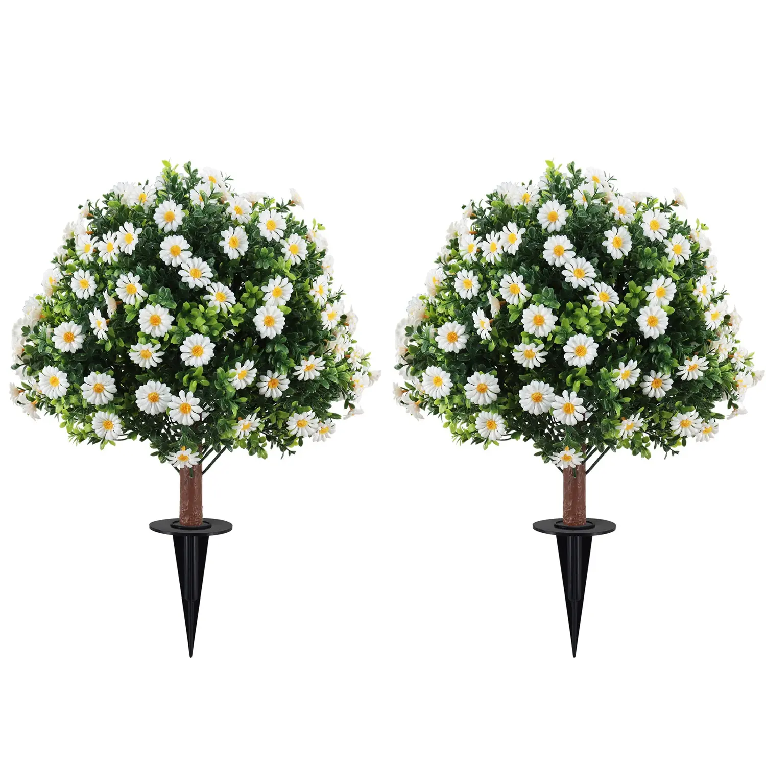 2 Pack 60cm Artificial Daisy Topiary Trees, Plastic Faux Flowers, Faux Flower Daisy with Leaves, Fake Plants Greenery Boxwood for Front Porch, Patio, Garden and Entryway Decor  (White)