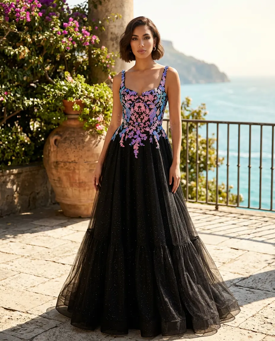 Floral Embroidered Ball Gown with Tulle Skirt, Women's Sleeveless Black Multi Dress with Fitted Corset and Lace-Up Back, Elegant, Prom