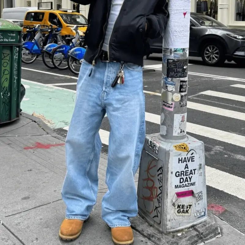 Men's Loose Fit Denim Jeans, Wide Leg Washed Jeans with Slant Pockets, Casual Cotton Daily Wear, Versatile Fashion Trendy Jeans