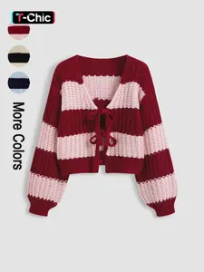 Women's Loose-Fit Striped Colorblock V Neck Sweater, Casual Long Sleeve Drop Shoulder Cardigan for Spring & Fall, Ladies Fashion Knitwear