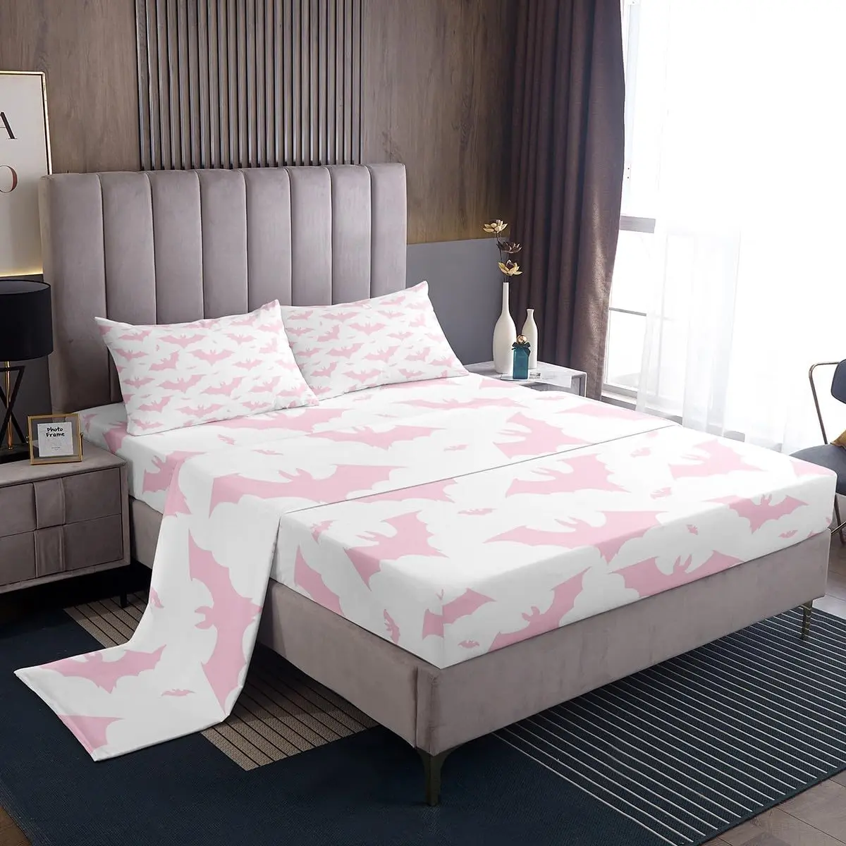 Feelyou Halloween Pink Bats Bedding Set - Soft Breathable Microfiber, Breathable Durable Sheets, Multi-Size Fitted Sheet Set for Teens' Bedroom Decoration, Soft Breathable Bedding