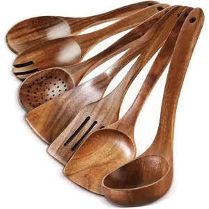 Wooden Cooking Spoons - 7-Piece Wooden Kitchen Utensil Set, Smooth Natural Teak Utensil Set, Non-Stick Heat-Resistant Cooking Utensils - Lightweight and Sturdy, Wooden Cooking Spatula