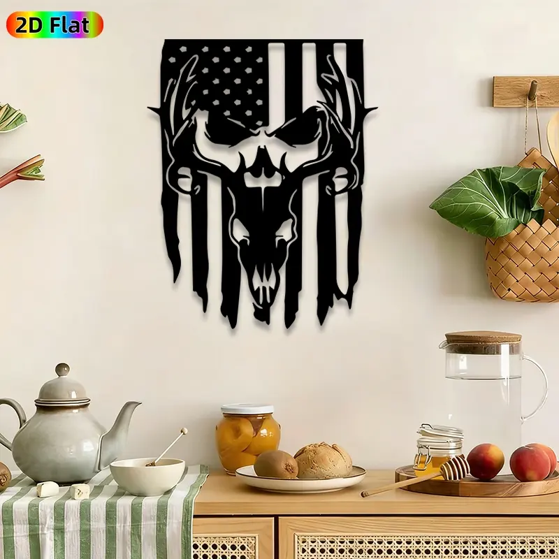 1pc American Flag Deer Skull Metal Wall Art, Patriotic Deer Skull Sculptures, Decoration, Art Work For Wall Decor, Craftsmanship, Independence Day, Veterans Day Decor, Man Cave Garage Patio Wall Decor, Gift for Patriotic Outdoor Enthusiasts